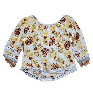 FEVER S Floral Cropped Top Blouse White Rust Yellow Print Cottage Prairie